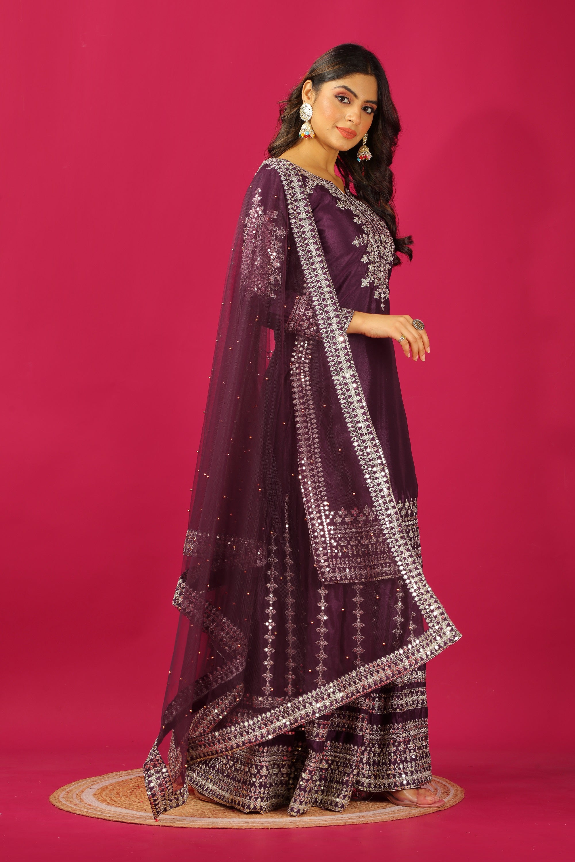 Teeya Creation Violet Color Chinnon Silk Heavy Embroidery Work Fully Stitched Sharara Suit - Distacart