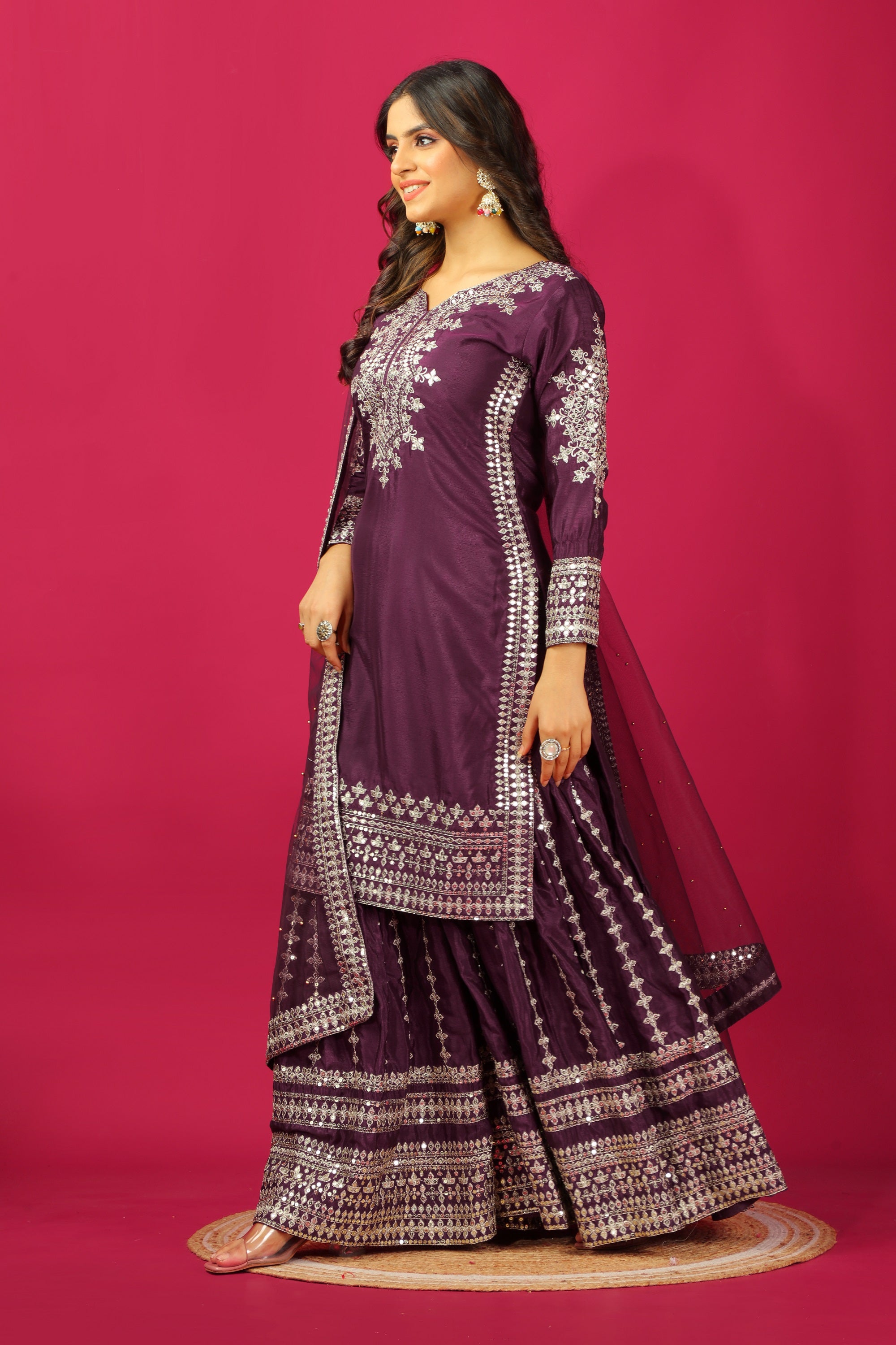 Teeya Creation Violet Color Chinnon Silk Heavy Embroidery Work Fully Stitched Sharara Suit - Distacart