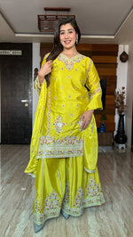 Thumbnail for Teeya Creation Olive Color Chinon Silk Heavy Embroidery Work Fully Stitched Salwar Suit - Distacart