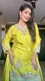 Thumbnail for Teeya Creation Olive Color Chinon Silk Heavy Embroidery Work Fully Stitched Salwar Suit - Distacart