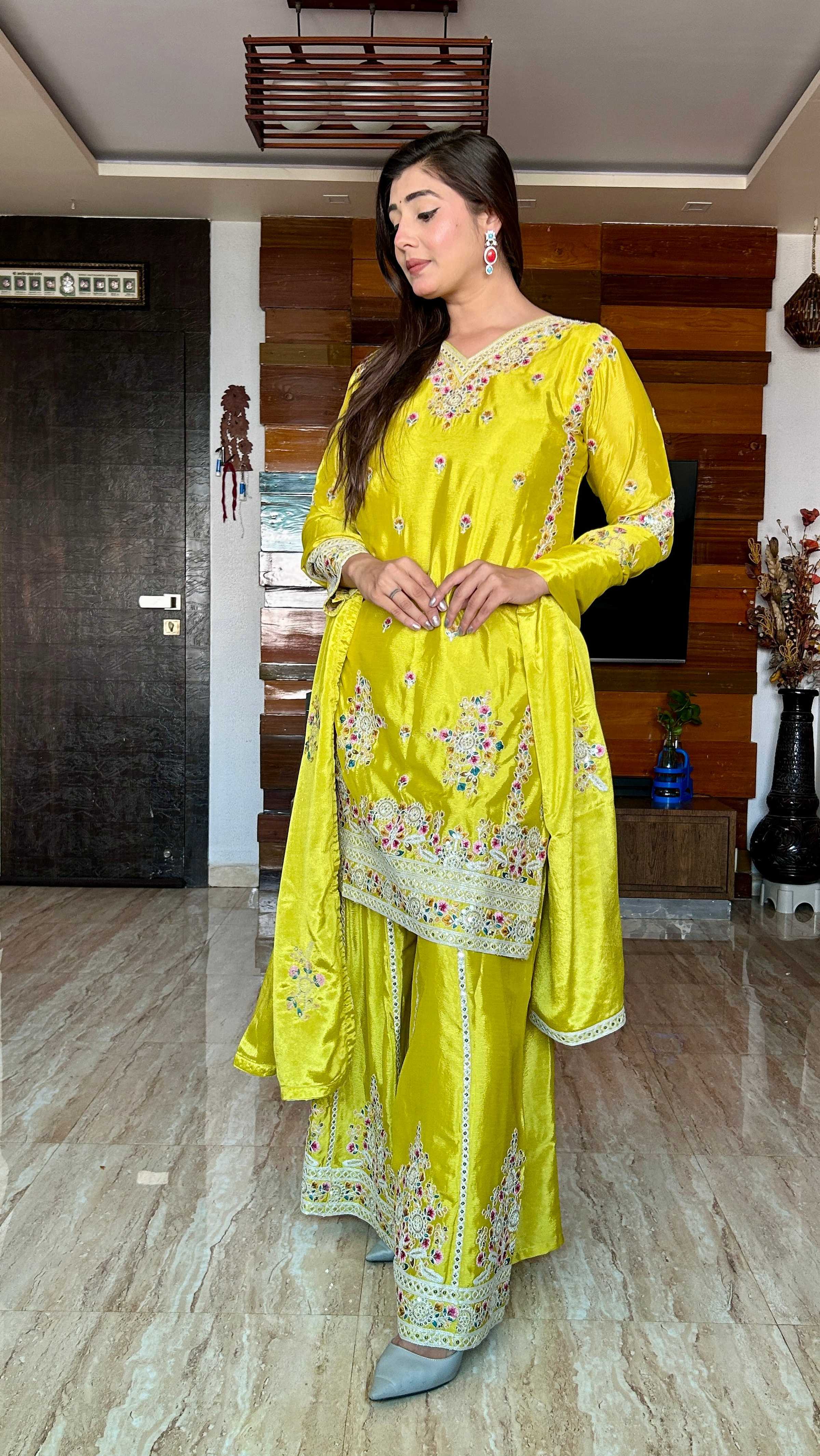 Teeya Creation Olive Color Chinon Silk Heavy Embroidery Work Fully Stitched Salwar Suit - Distacart