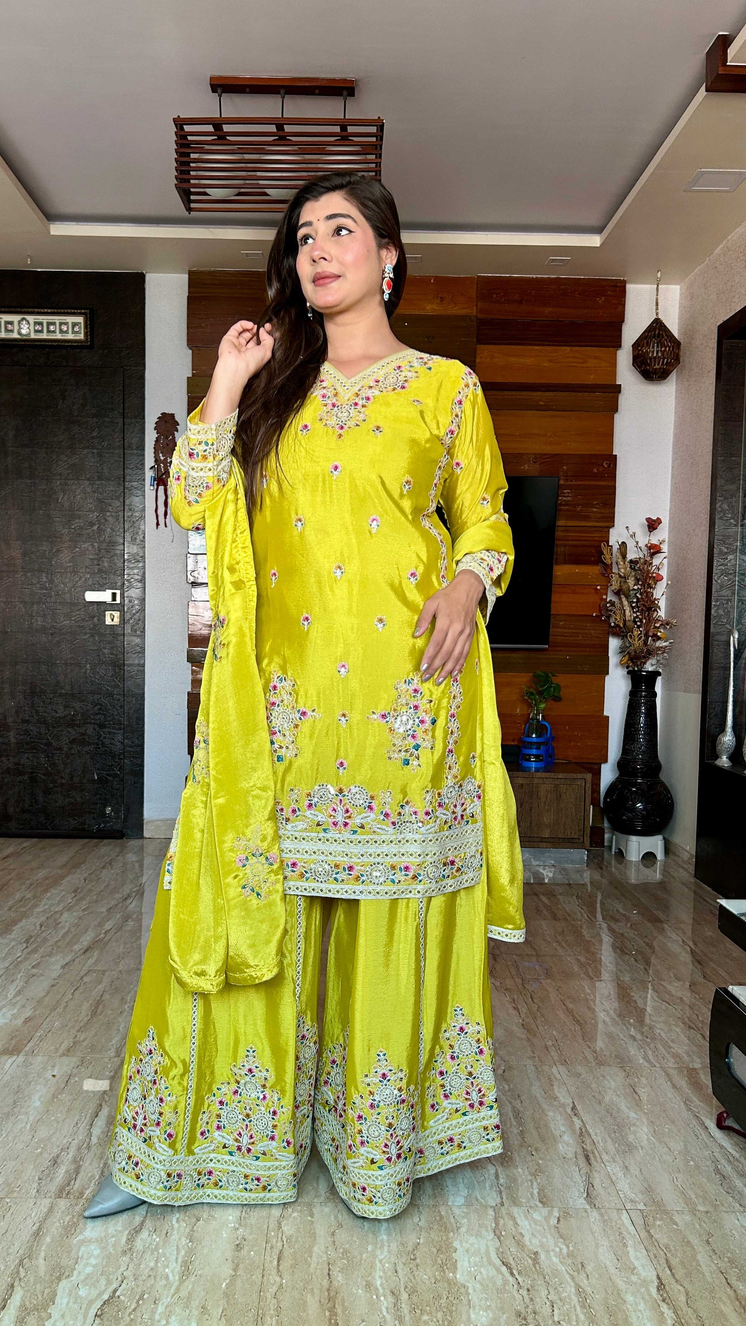 Teeya Creation Olive Color Chinon Silk Heavy Embroidery Work Fully Stitched Salwar Suit - Distacart