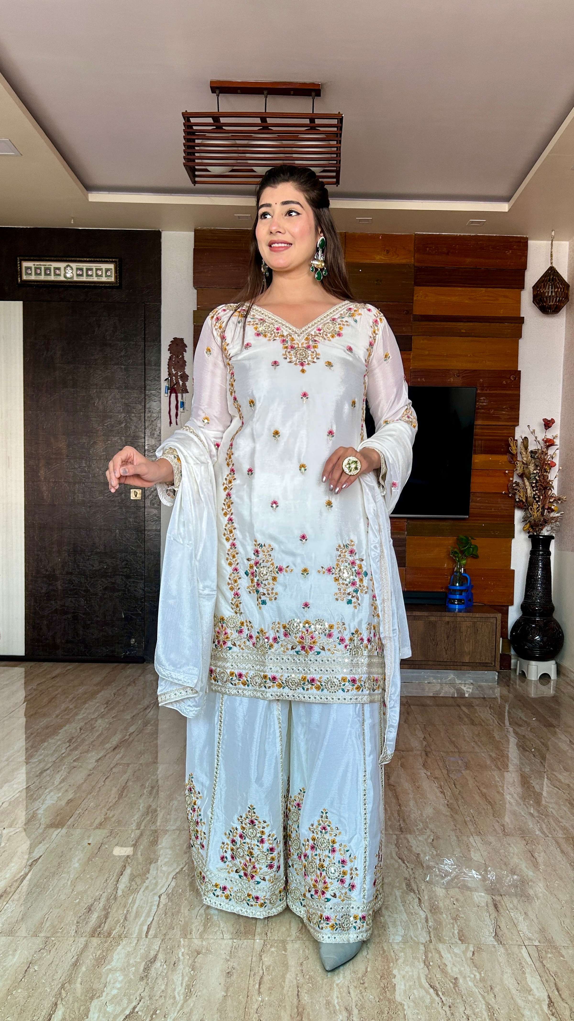 Teeya Creation White Color Chinon Silk Heavy Embroidery Work Fully Stitched Salwar Suit - Distacart