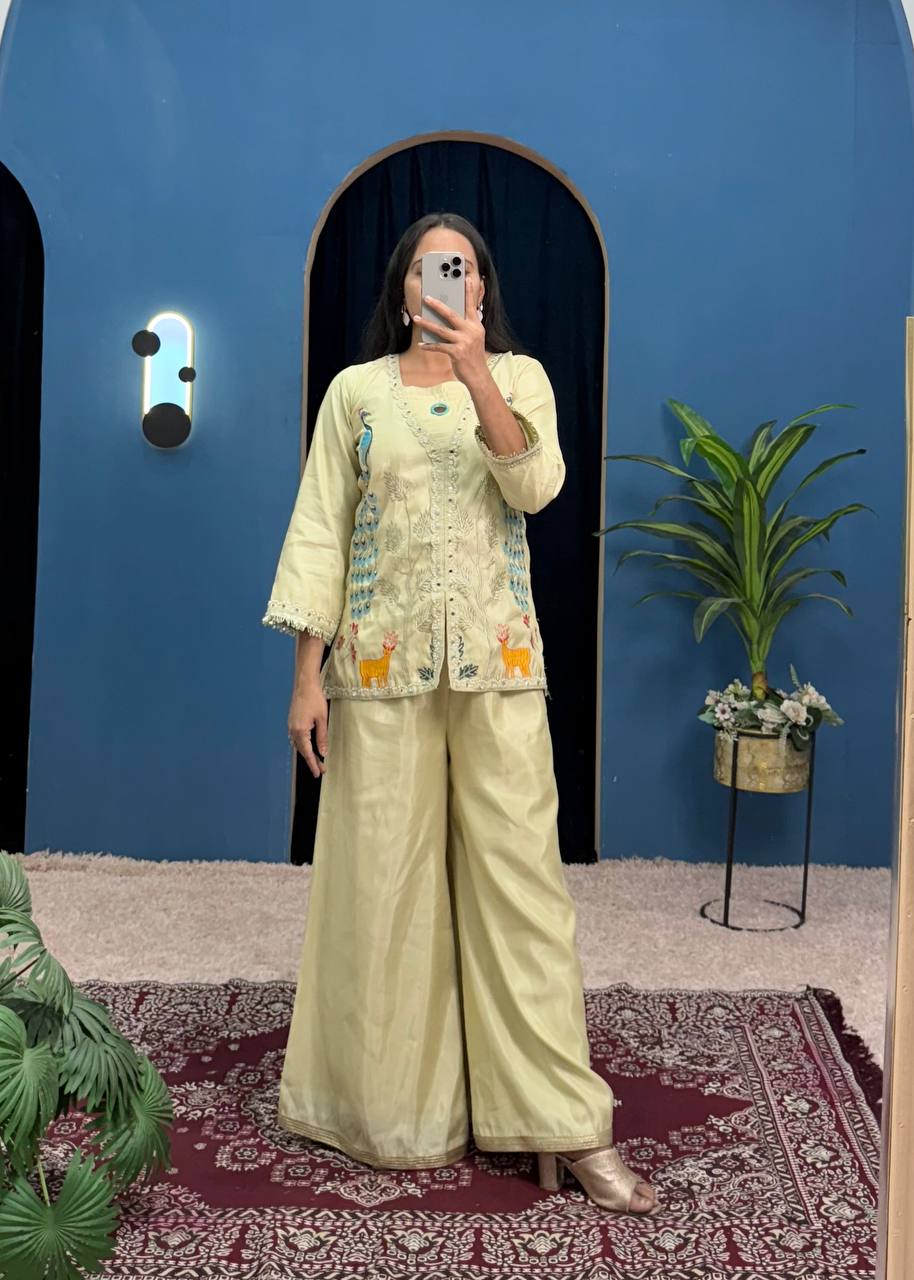 Teeya Creation Cream Color Shimmer Silk Embroidery Work Fully Stitched Co-Ord Set - Distacart