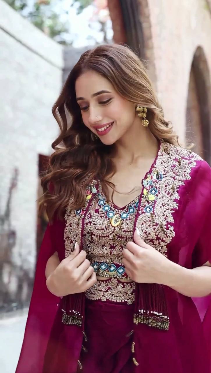 Teeya Creation Rani Color Faux Georgette Heavy Embroidery Work Fully Stitched Shrug Set - Distacart