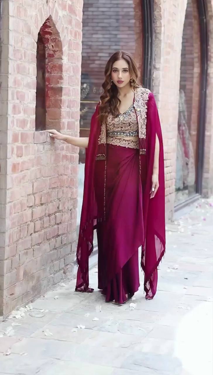 Teeya Creation Rani Color Faux Georgette Heavy Embroidery Work Fully Stitched Shrug Set - Distacart
