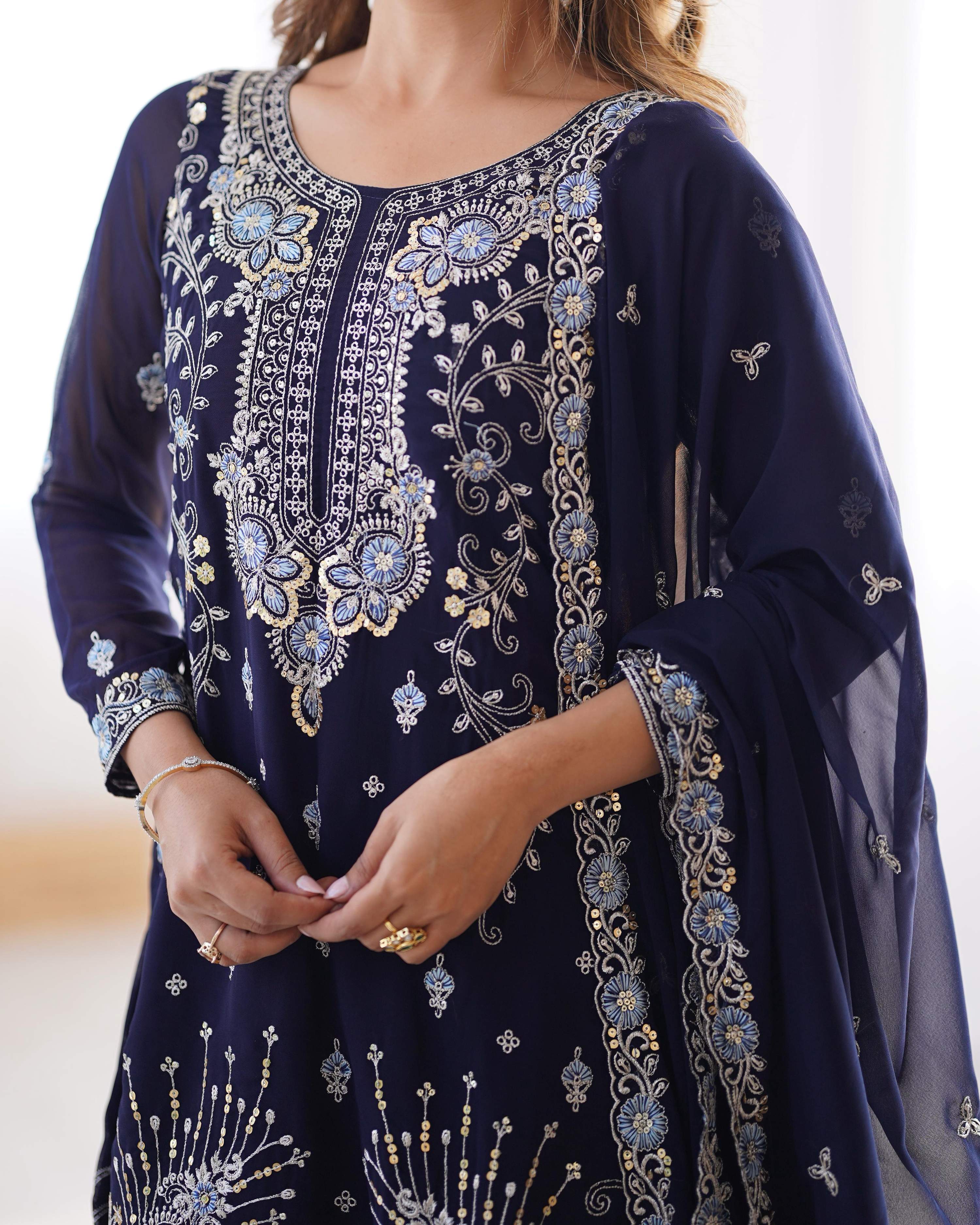 Teeya Creation Dark Purple Color Faux Georgette Heavy Embroidery Work Fully Stitched Sharara Set - Distacart