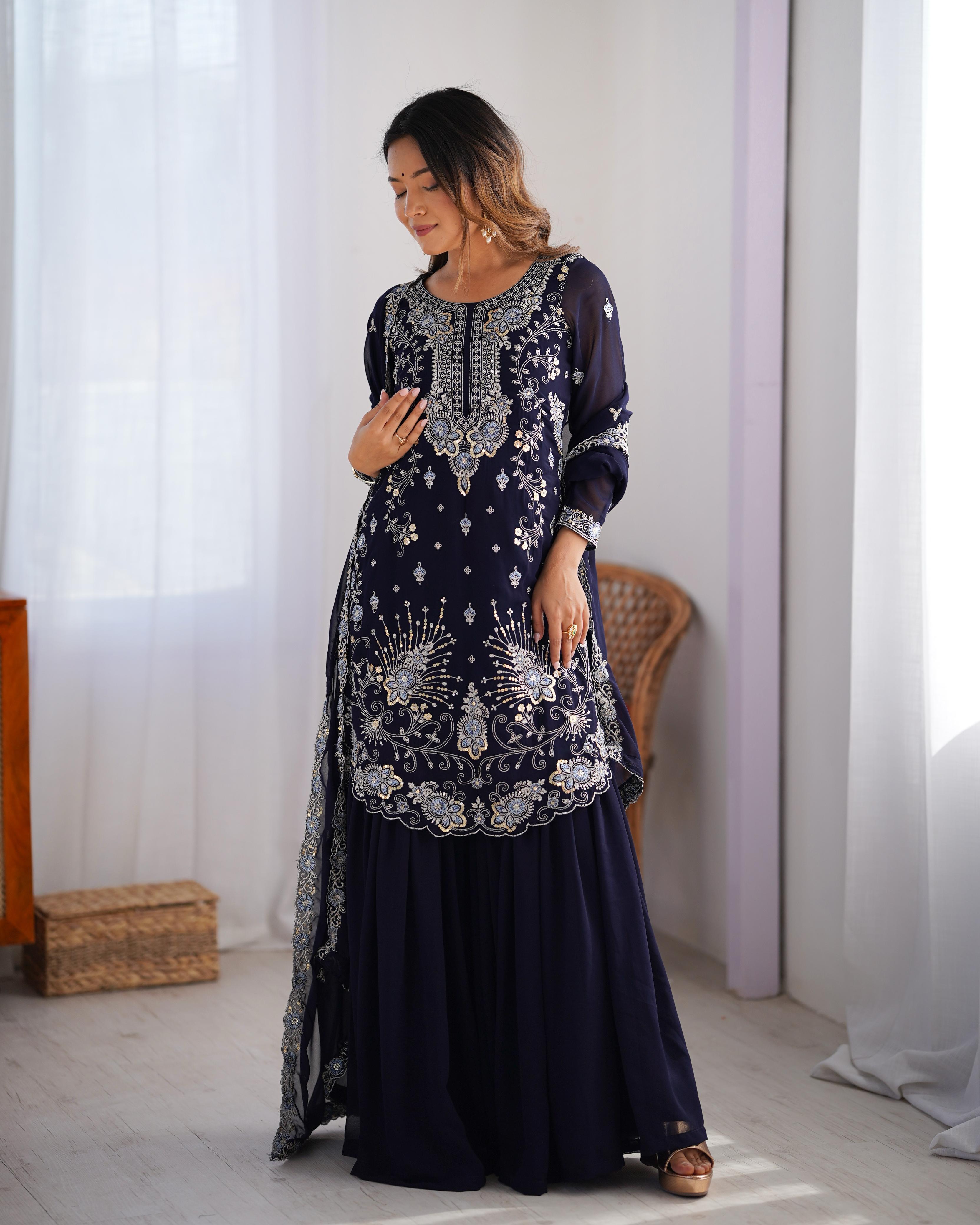 Teeya Creation Dark Purple Color Faux Georgette Heavy Embroidery Work Fully Stitched Sharara Set - Distacart
