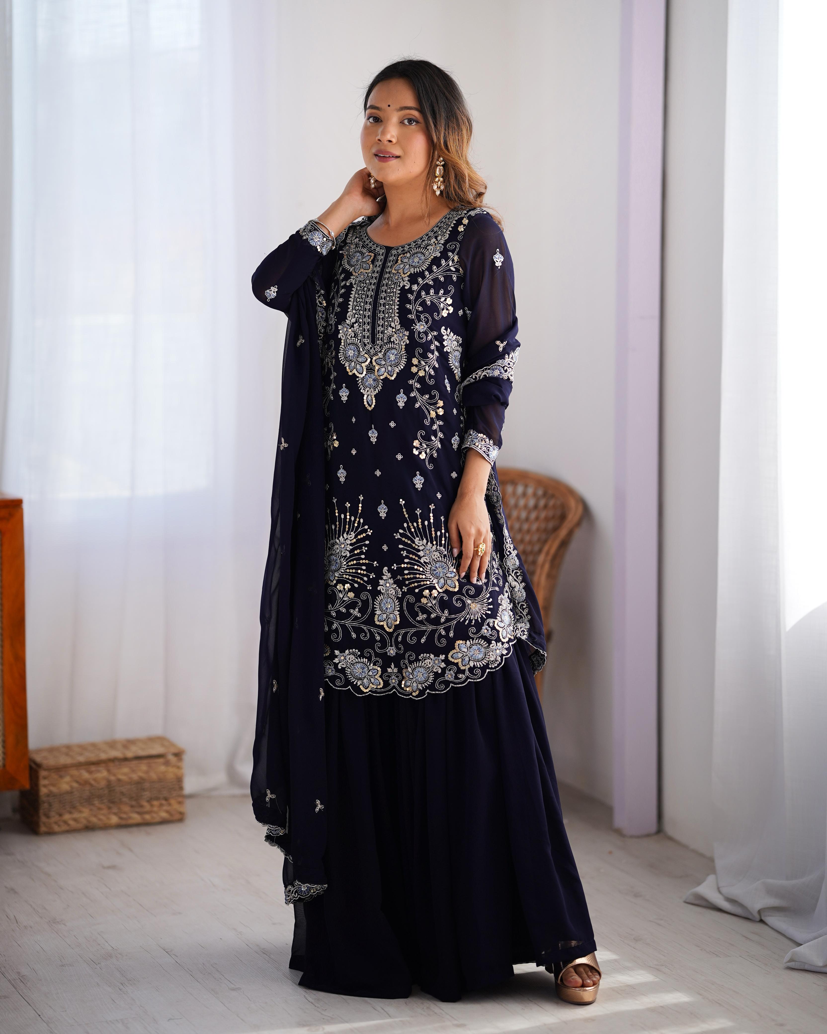 Teeya Creation Dark Purple Color Faux Georgette Heavy Embroidery Work Fully Stitched Sharara Set - Distacart