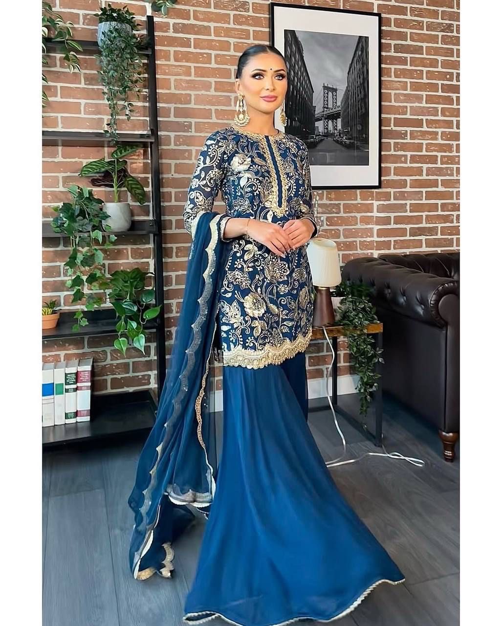 Teeya Creation Blue Color Faux Georgette Heavy Work Fully Stitched Sharara Set - Distacart