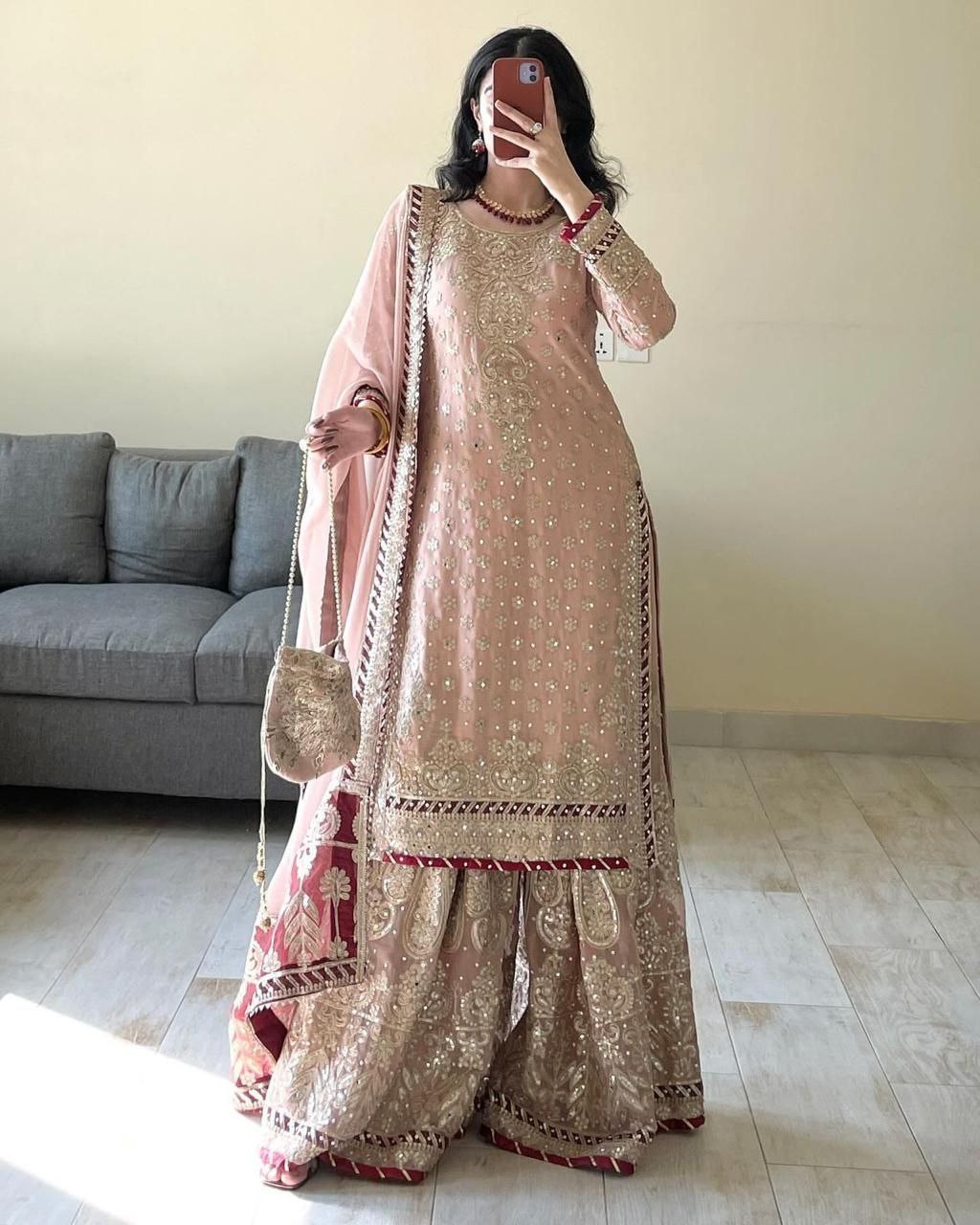 Teeya Creation Peach Color Faux Georgette Heavy Embroidery Work Pakistani Style Fully Stiched Palazo Set - Distacart