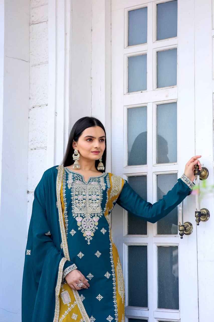 Teeya Creation Teal Color Chinon Silk Heavy Work Fully Stitched Pakistani Salwar Suit - Distacart