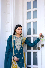 Thumbnail for Teeya Creation Teal Color Chinon Silk Heavy Work Fully Stitched Pakistani Salwar Suit - Distacart