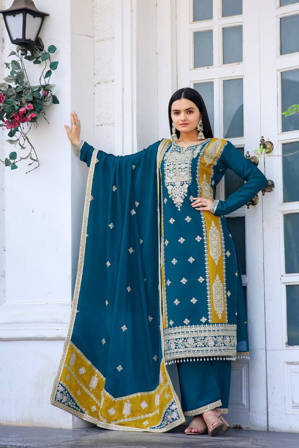 Teeya Creation Teal Color Chinon Silk Heavy Work Fully Stitched Pakistani Salwar Suit - Distacart