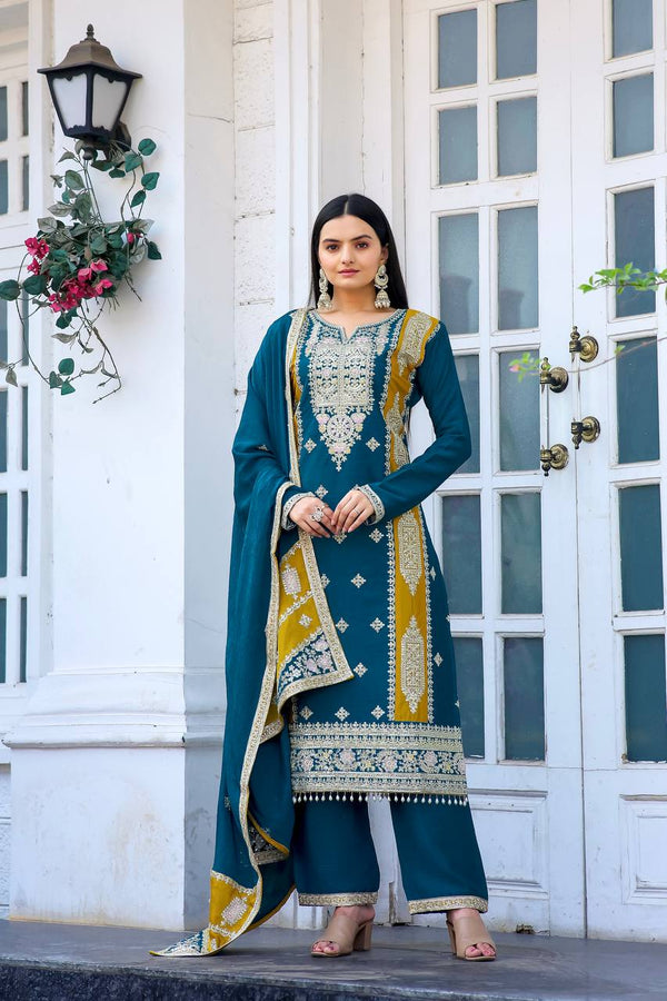 Teeya Creation Teal Color Chinon Silk Heavy Work Fully Stitched Pakistani Salwar Suit - Distacart