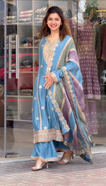 Thumbnail for Teeya Creation Blue Color Faux Georgette Heavy Work Fully Stitched Sharara Set - Distacart