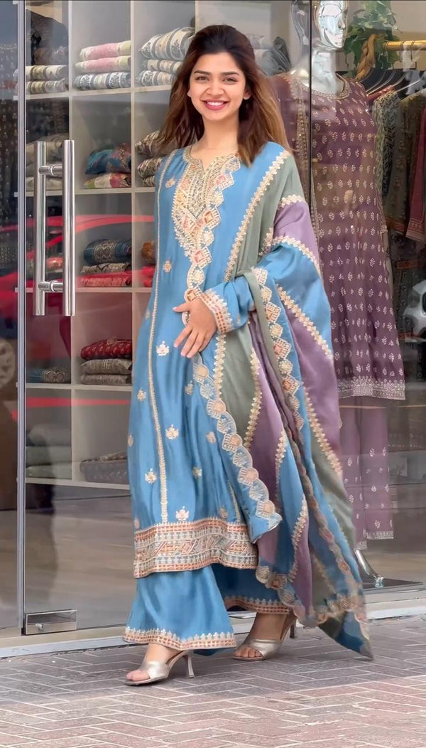 Teeya Creation Blue Color Faux Georgette Heavy Work Fully Stitched Sharara Set - Distacart