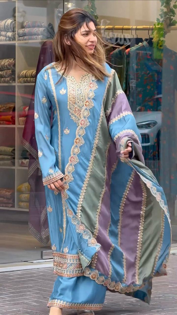 Teeya Creation Blue Color Faux Georgette Heavy Work Fully Stitched Sharara Set - Distacart