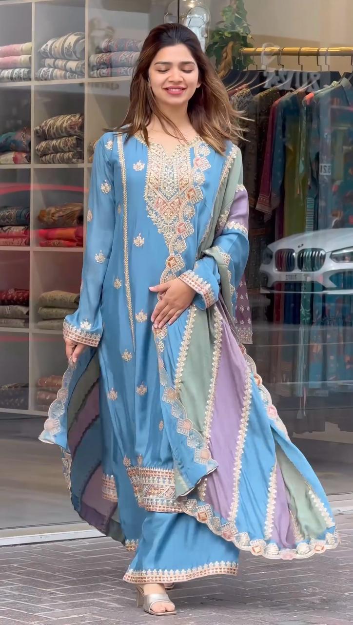 Teeya Creation Blue Color Faux Georgette Heavy Work Fully Stitched Sharara Set - Distacart