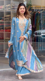 Thumbnail for Teeya Creation Blue Color Faux Georgette Heavy Work Fully Stitched Sharara Set - Distacart