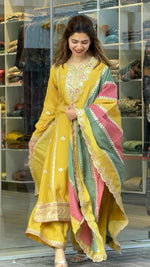 Thumbnail for Teeya Creation Yellow Color Faux Georgette Heavy Work Fully Stitched Sharara Set - Distacart