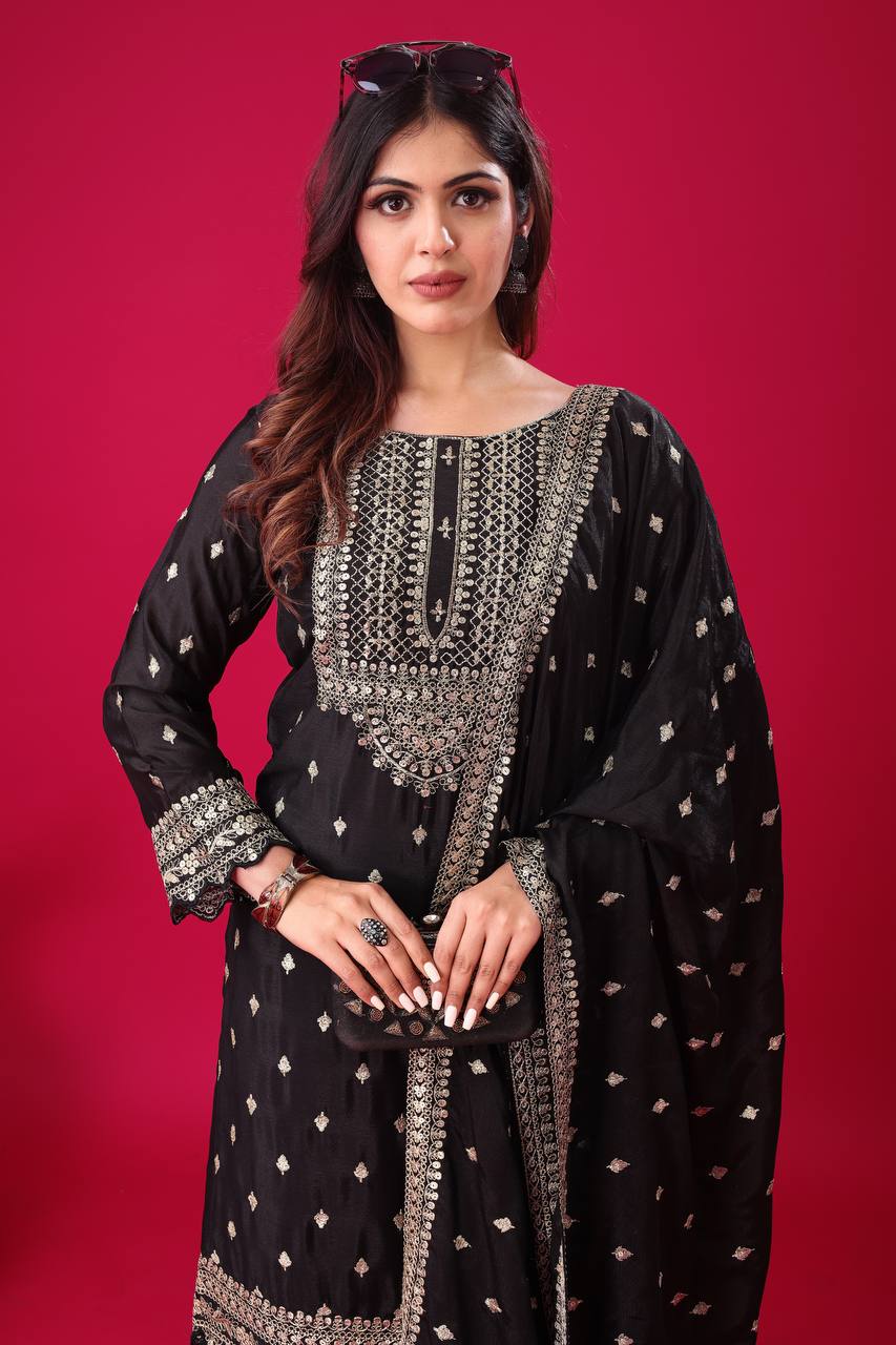 Teeya Creation Black Color Chinon Silk Heavy Embroidery Work Pakistani Fully Stitched Salwar Suit - Distacart