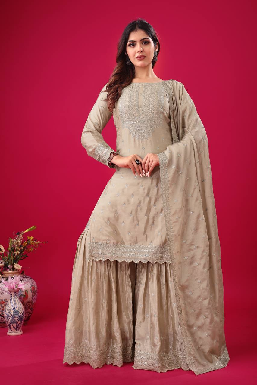 Teeya Creation Chiku Color Chinon Silk Heavy Embroidery Work Pakistani Fully Stitched Salwar Suit - Distacart