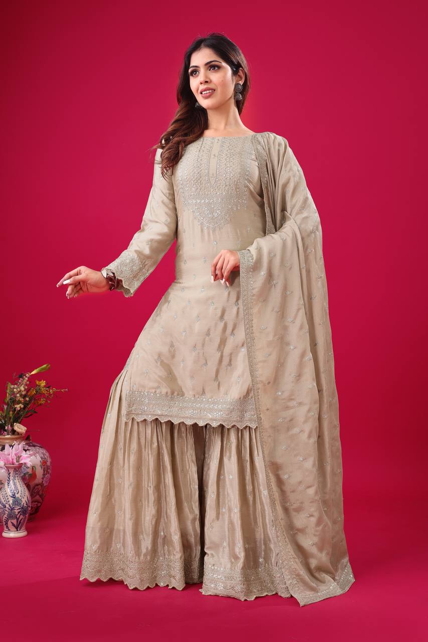 Teeya Creation Chiku Color Chinon Silk Heavy Embroidery Work Pakistani Fully Stitched Salwar Suit - Distacart