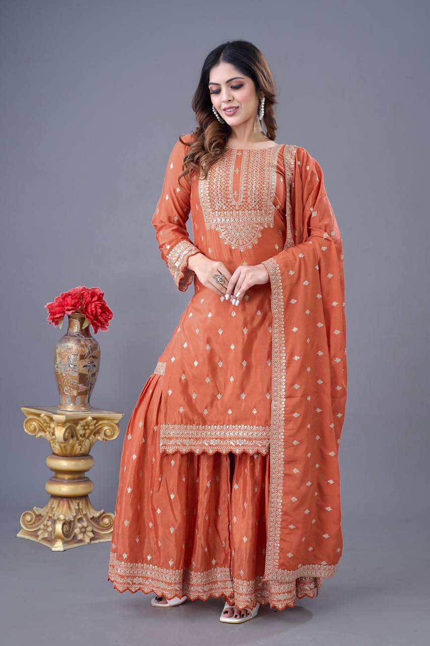 Teeya Creation Orange Color Chinon Silk Heavy Embroidery Work Pakistani Fully Stitched Salwar Suit - Distacart