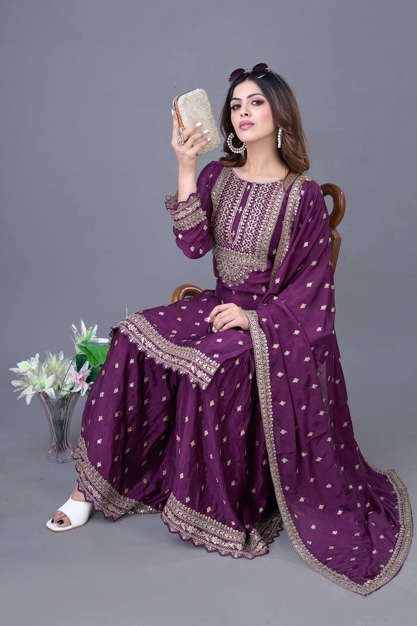 Teeya Creation Wine Color Chinon Silk Heavy Embroidery Work Pakistani Fully Stitched Salwar Suit - Distacart