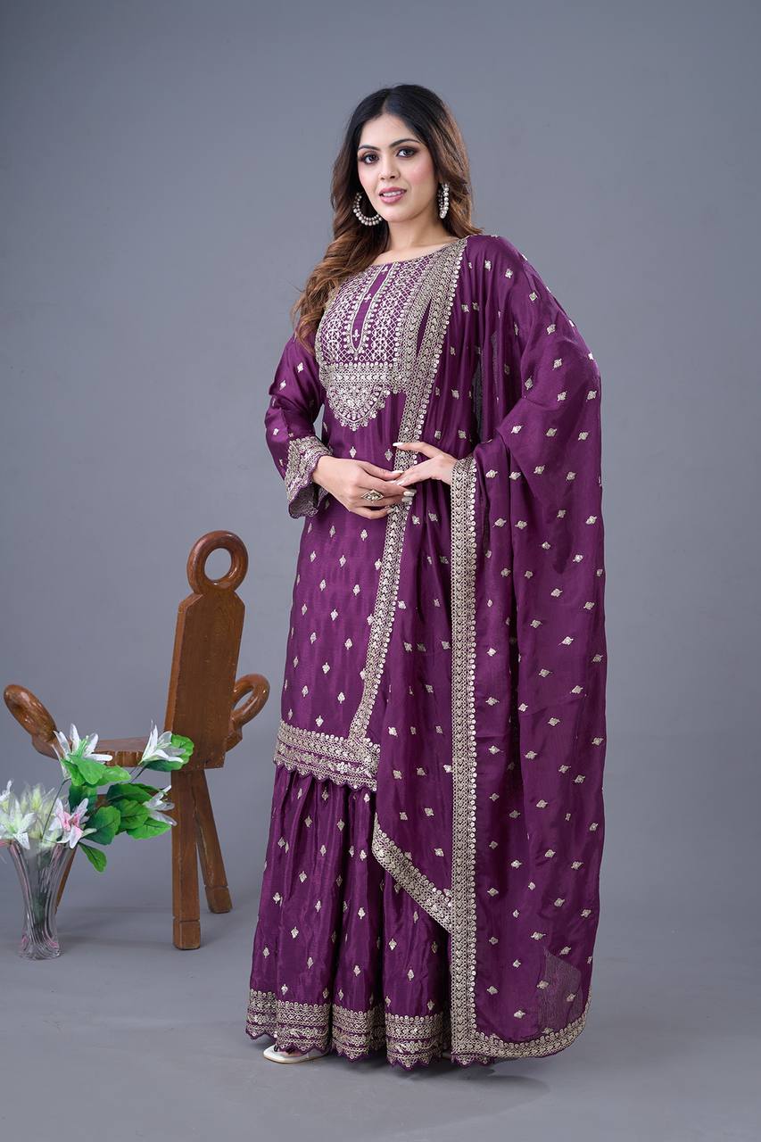 Teeya Creation Wine Color Chinon Silk Heavy Embroidery Work Pakistani Fully Stitched Salwar Suit - Distacart