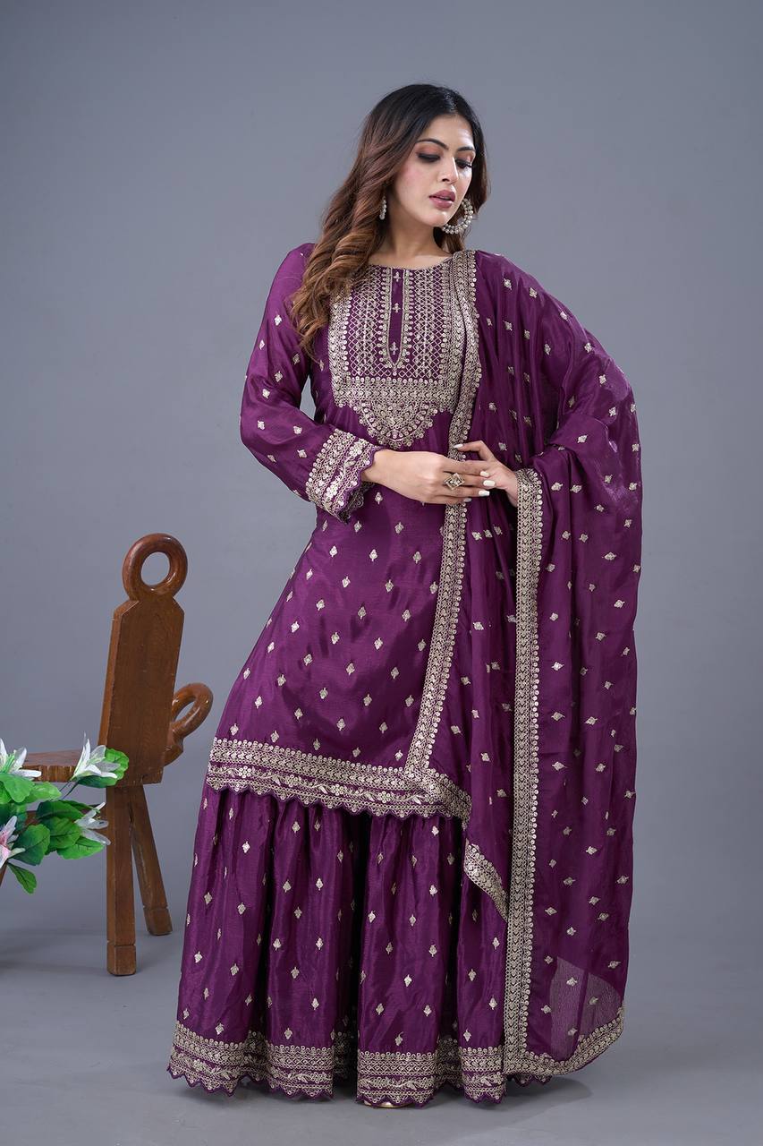 Teeya Creation Wine Color Chinon Silk Heavy Embroidery Work Pakistani Fully Stitched Salwar Suit - Distacart