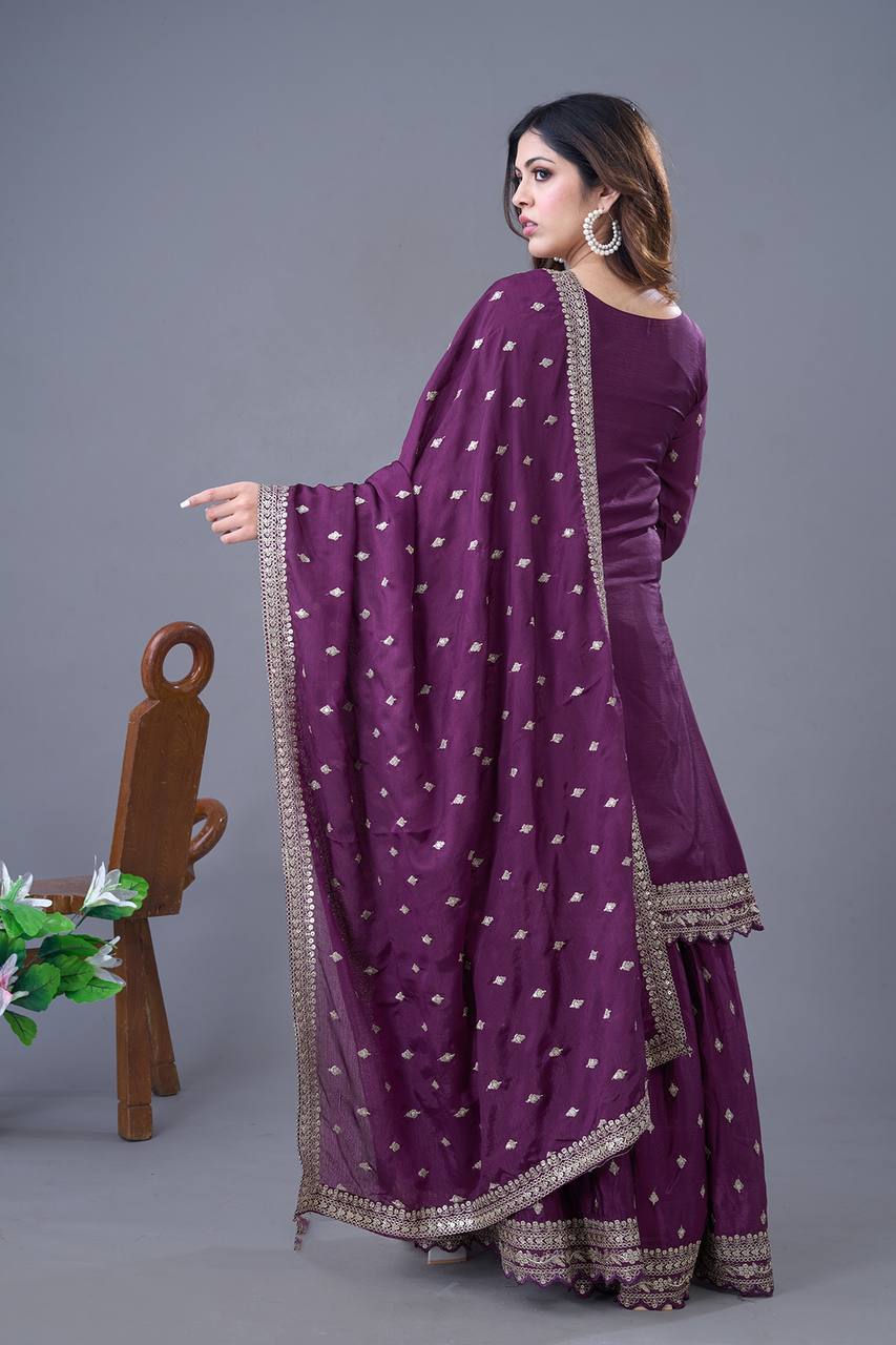 Teeya Creation Wine Color Chinon Silk Heavy Embroidery Work Pakistani Fully Stitched Salwar Suit - Distacart