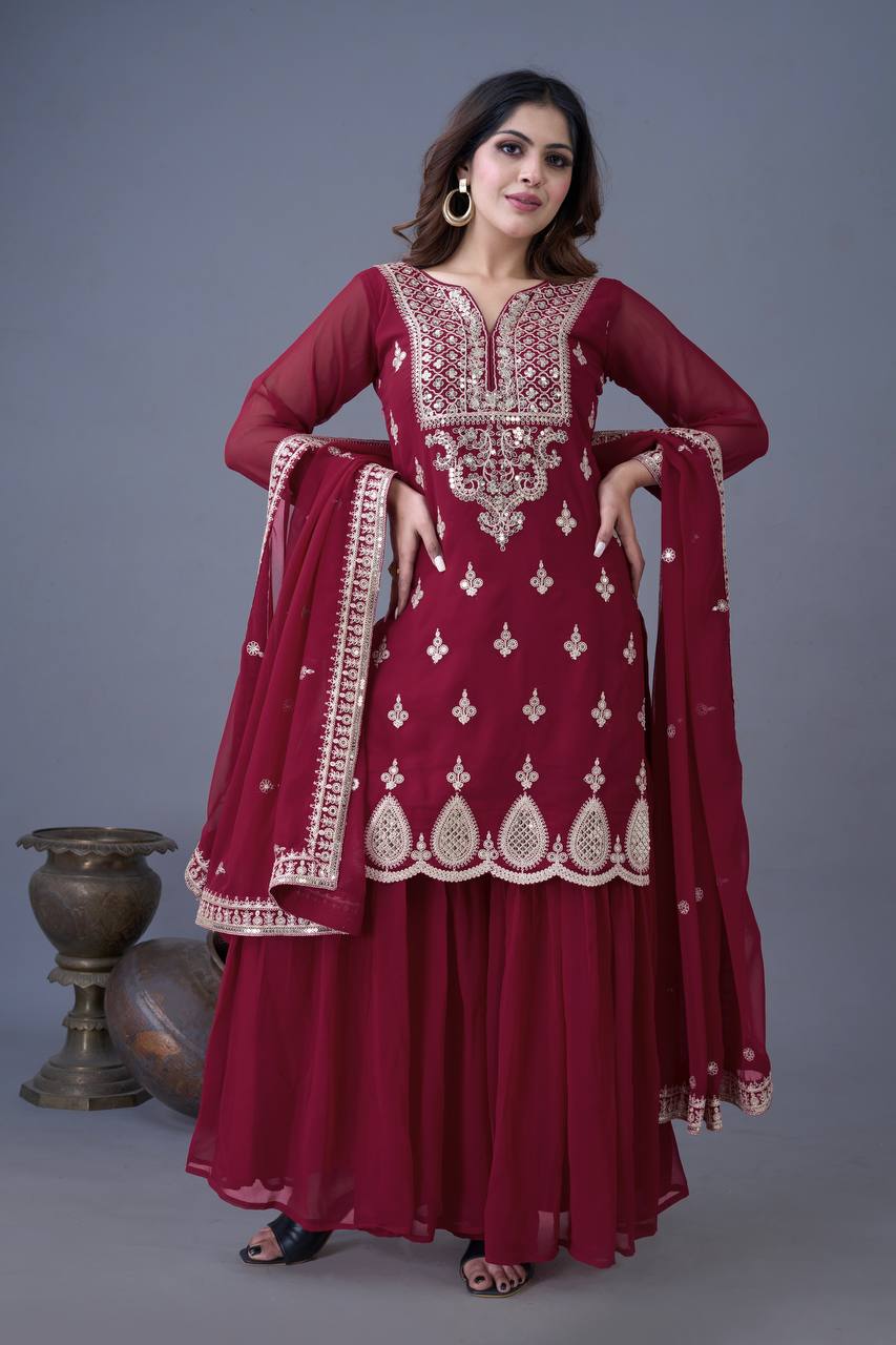 Teeya Creation Maroon Color Faux Georgette Heavy Embroidery Work Pakistani Fully Stitched Salwar Suit - Distacart