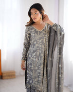 Thumbnail for Teeya Creation Grey Color Chinnon Silk Embroidery Work Fully Stitched Salwar Suit - Distacart