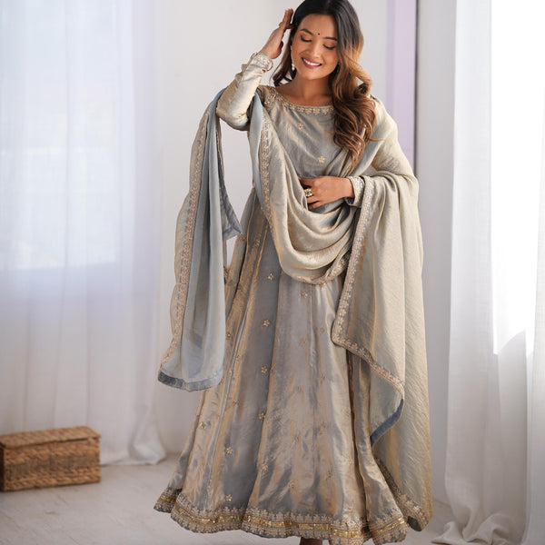 Teeya Creation Grey Color Fendy Silk Embroidery Work Fully Stitched Gown - Distacart
