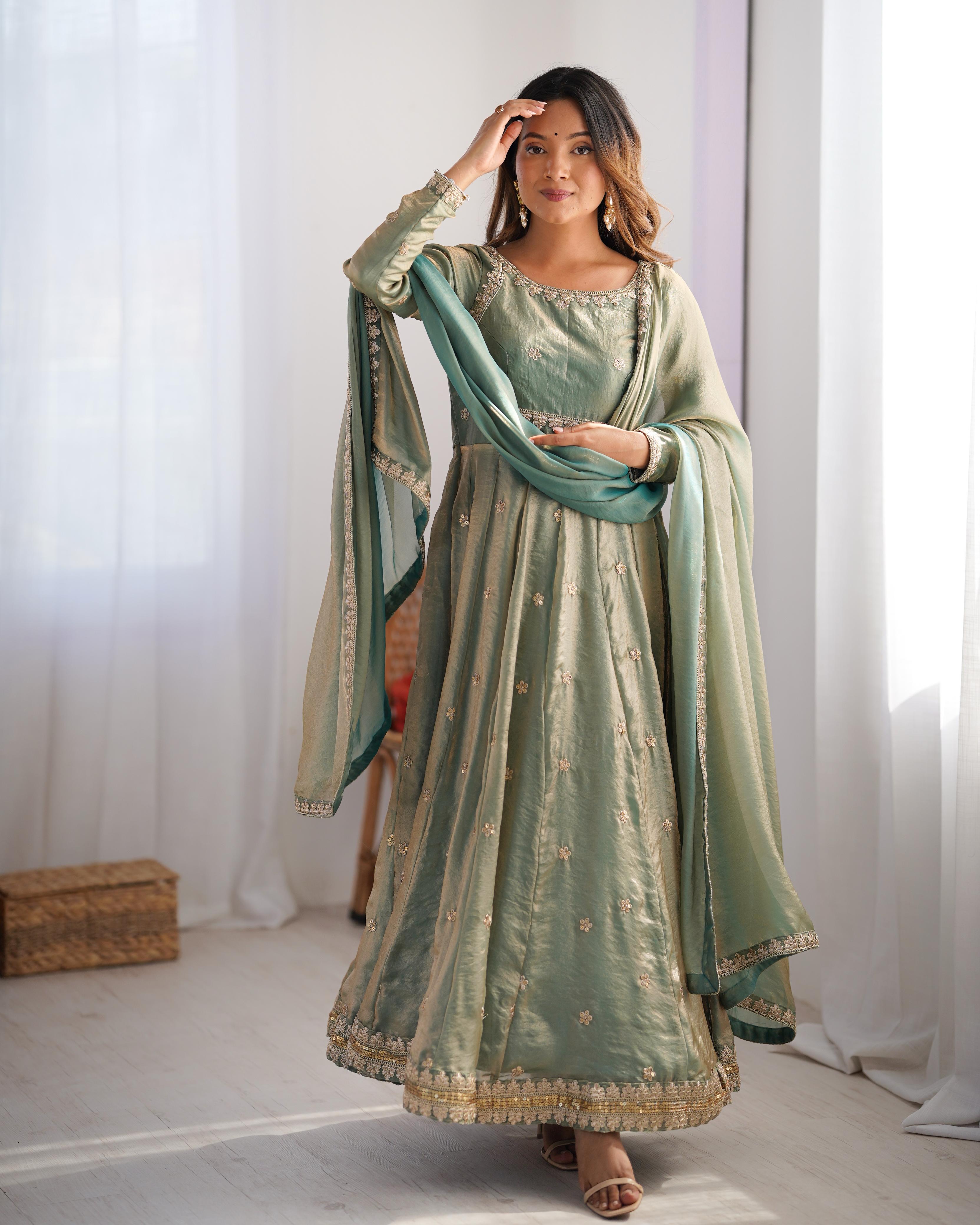 Teeya Creation Mint Green Color Fendy Silk Embroidery Work Fully Stitched Gown - Distacart