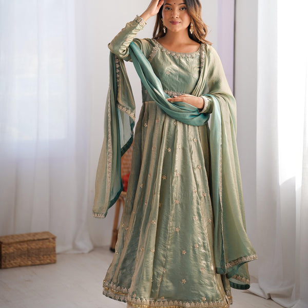Teeya Creation Mint Green Color Fendy Silk Embroidery Work Fully Stitched Gown - Distacart
