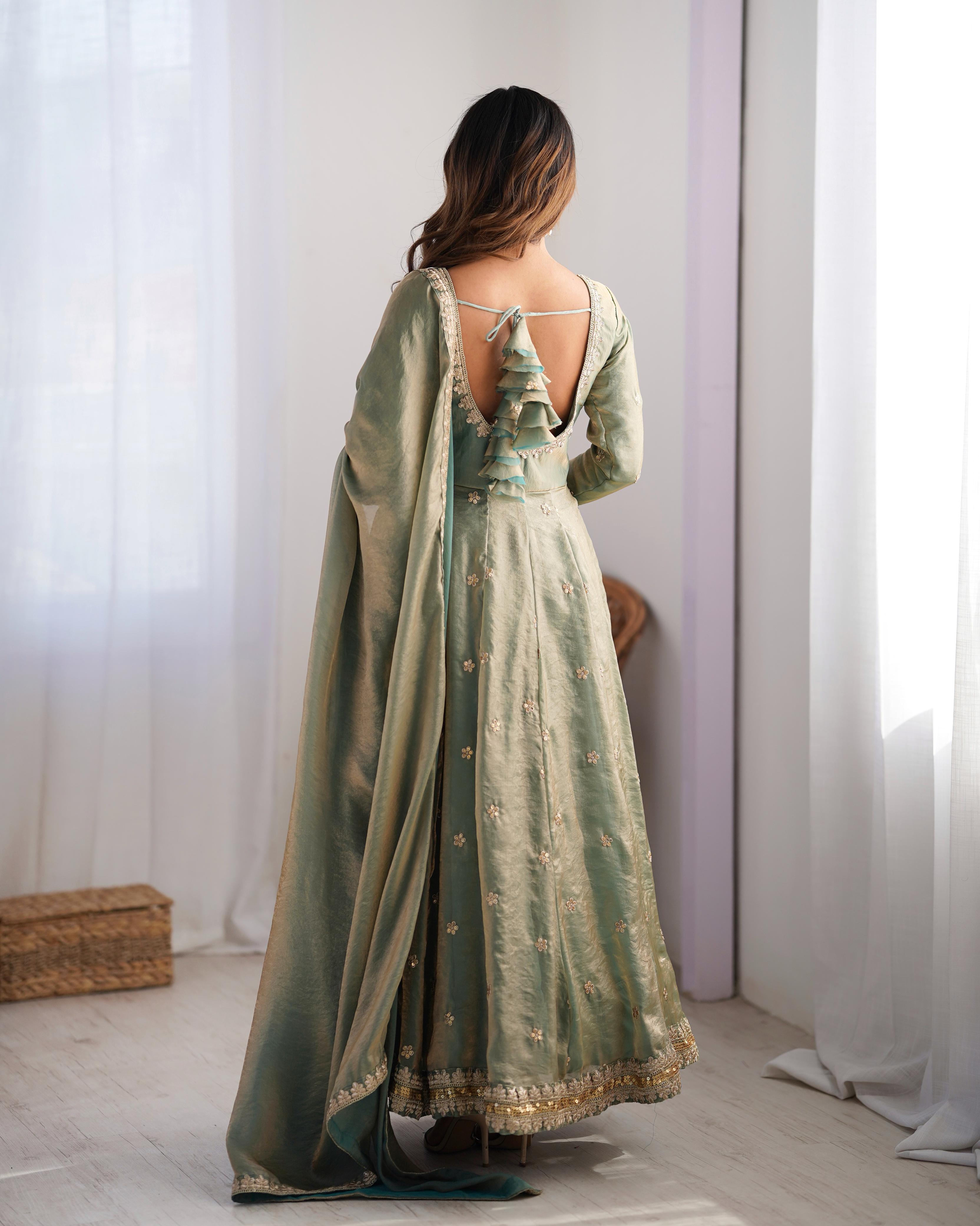 Teeya Creation Mint Green Color Fendy Silk Embroidery Work Fully Stitched Gown - Distacart