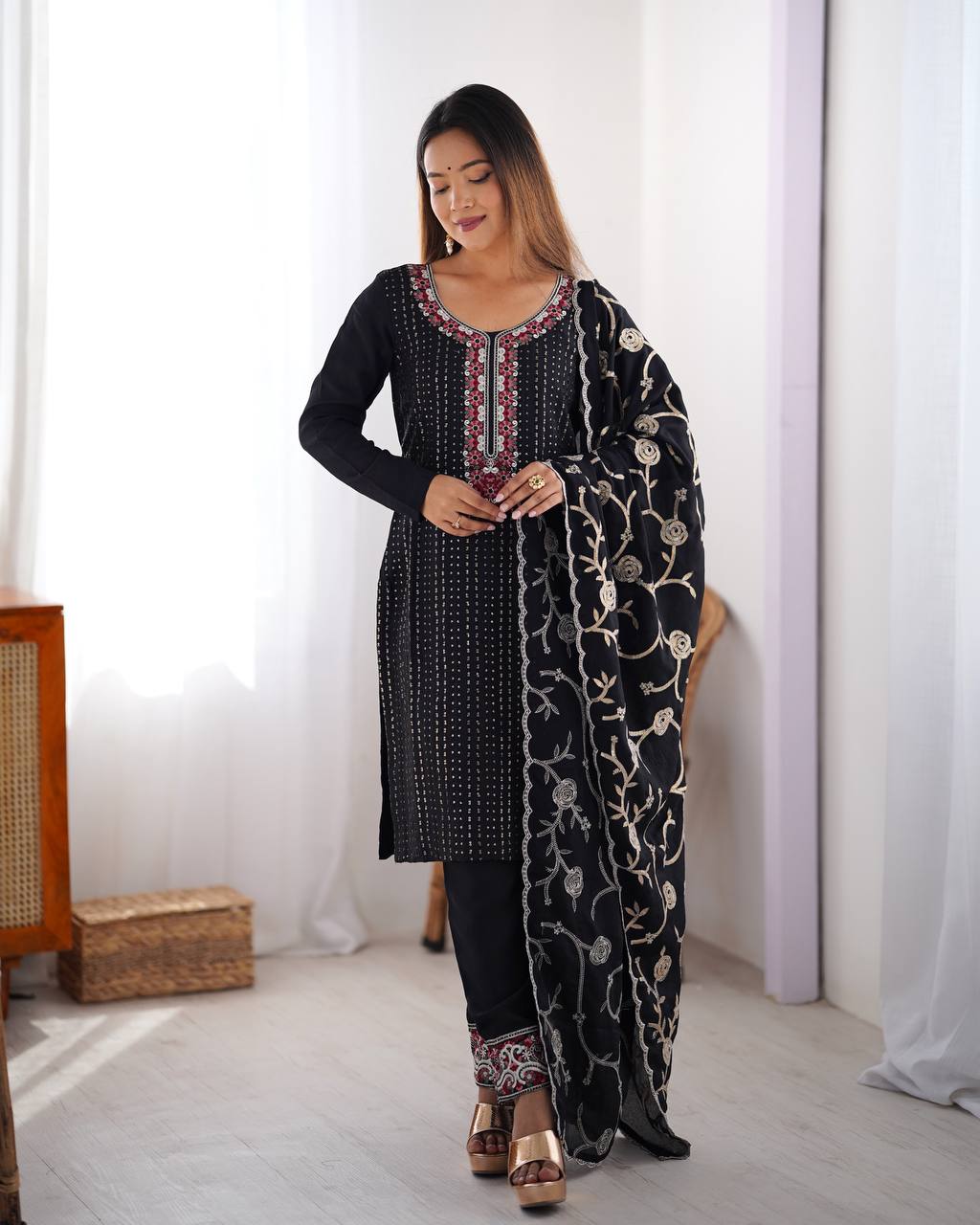 Teeya Creation Black Color Chinnon Silk Embroidery Work Fully Stitched Pakistani Suit - Distacart