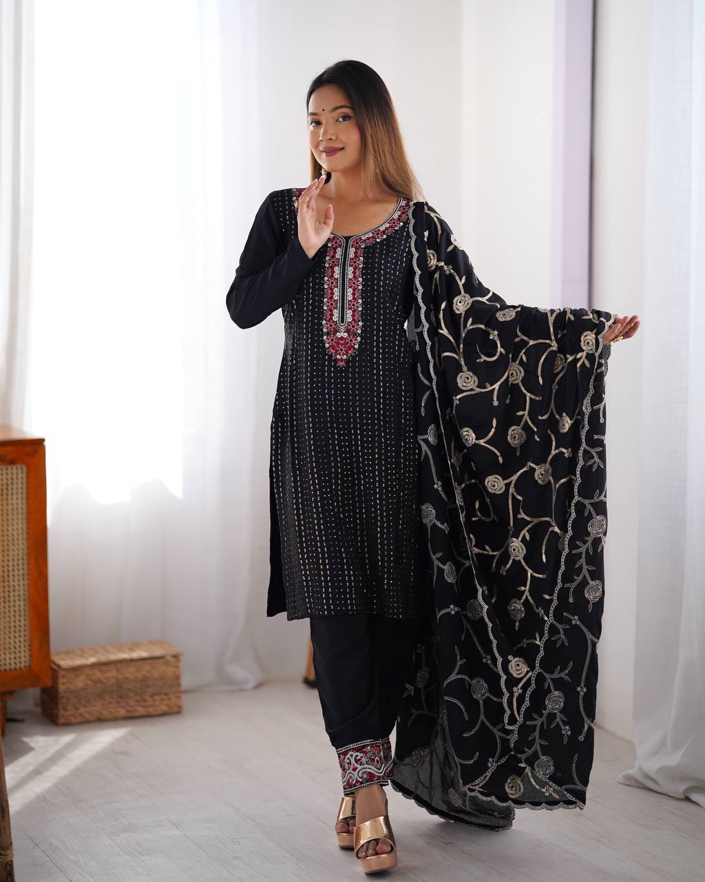 Teeya Creation Black Color Chinnon Silk Embroidery Work Fully Stitched Pakistani Suit - Distacart