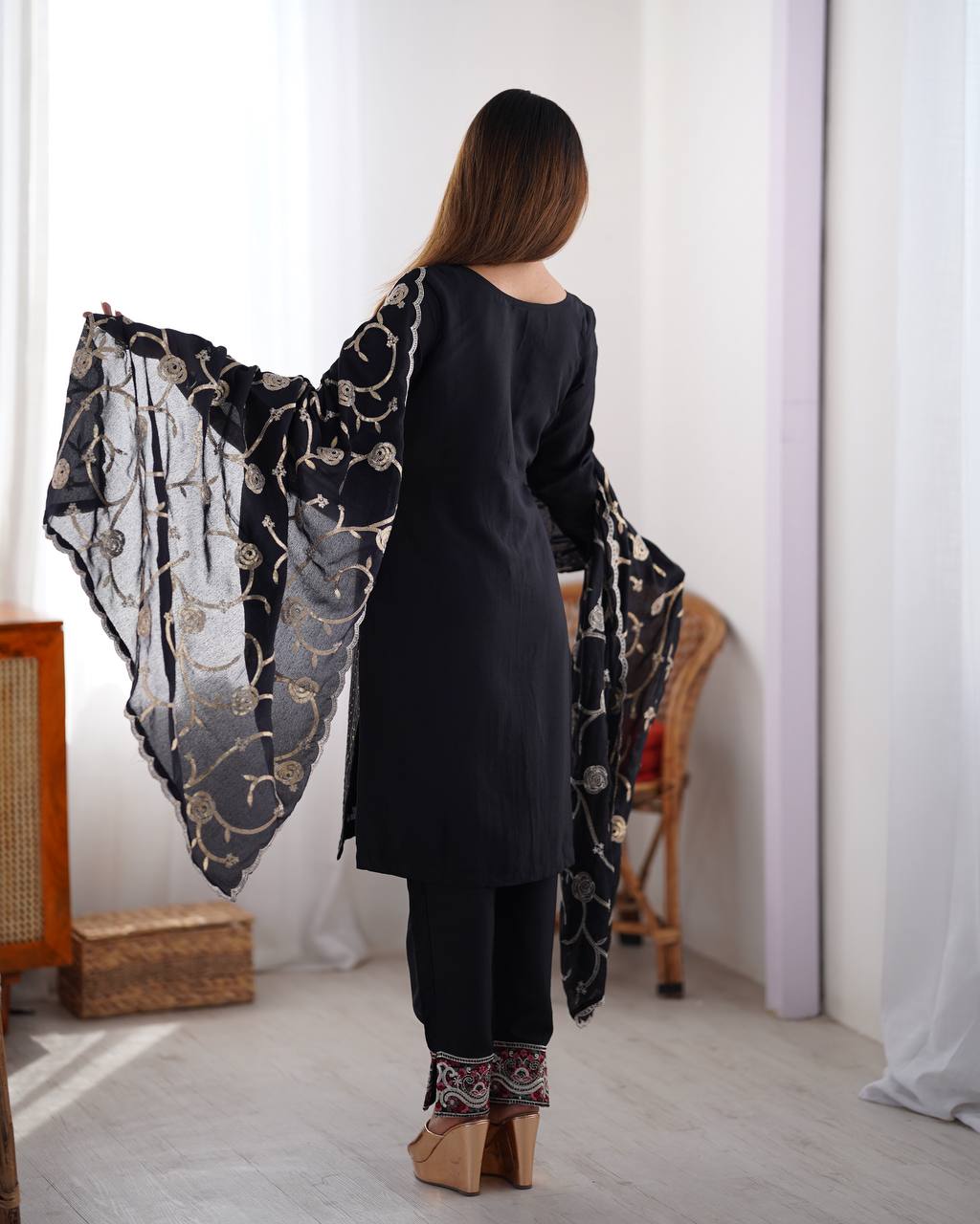 Teeya Creation Black Color Chinnon Silk Embroidery Work Fully Stitched Pakistani Suit - Distacart