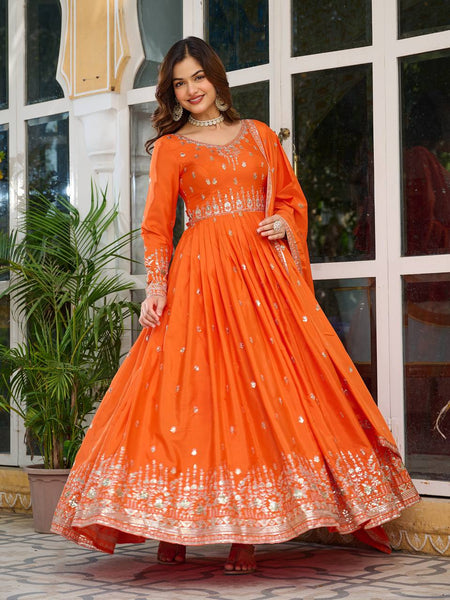 Teeya Creation Orange Color American Silk Embroidery Work Fully Stitched Gown
