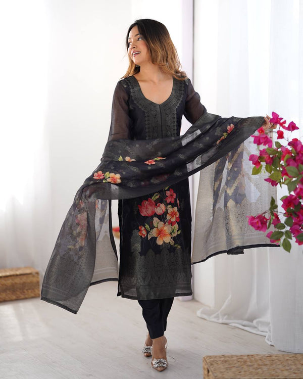 Teeya Creation Black Color Chanderi Silk Embroidery Work Fully Stitched Pakistani Suit - Distacart