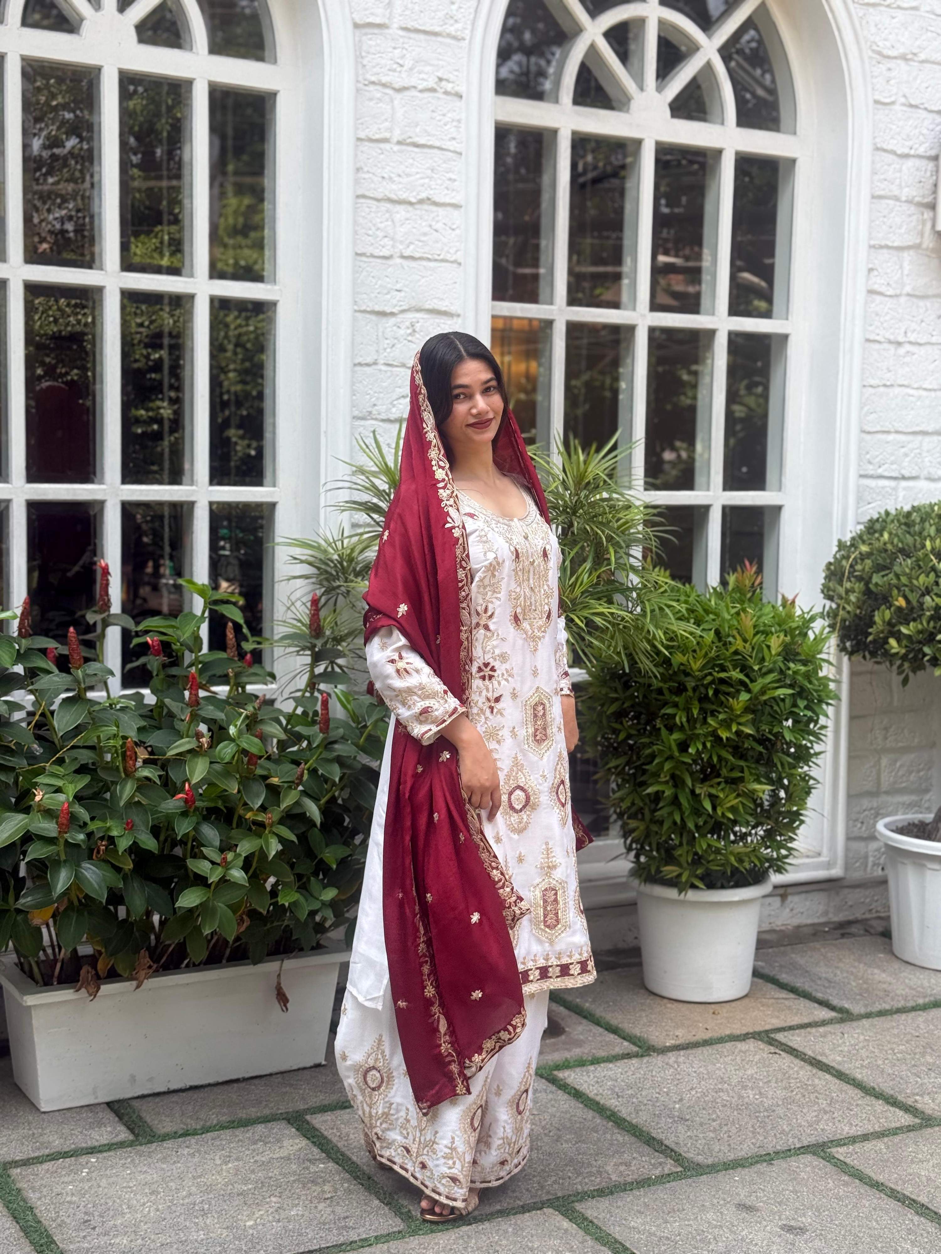 Teeya Creation White Color Chinnon Silk Embroidery Work Fully Stitched Pakistani Suit - Distacart