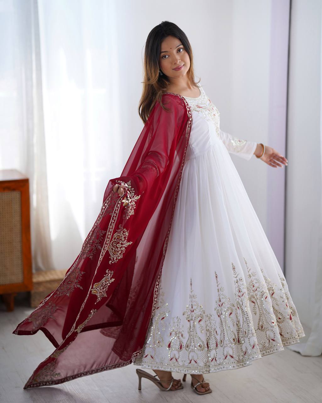 Teeya Creation White Color Heavy Georgette Embroidery Work Fully Stitched Gown - Distacart