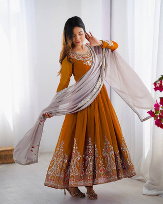 Teeya Creation Yellow Color Heavy Georgette Embroidery Work Fully Stitched Gown - Distacart