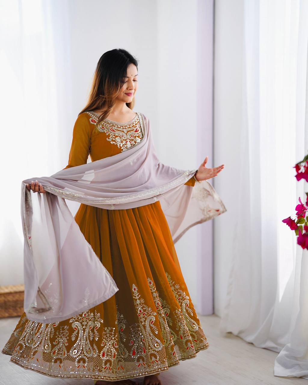 Teeya Creation Yellow Color Heavy Georgette Embroidery Work Fully Stitched Gown - Distacart