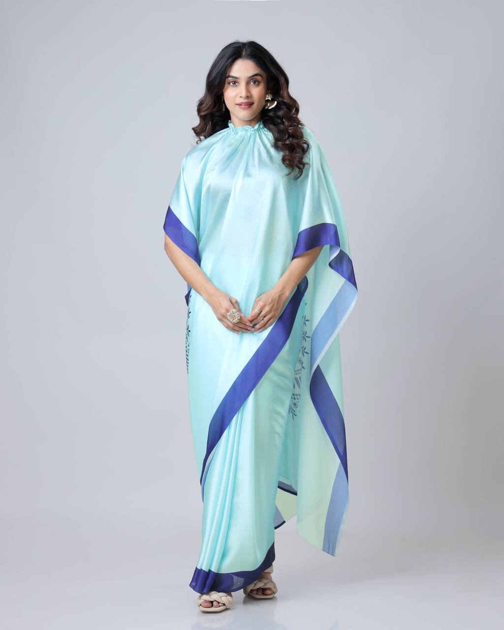 Teeya Creation Blue Color Japan Satin Silk Digital Print Ready To Wear Saree - Distacart