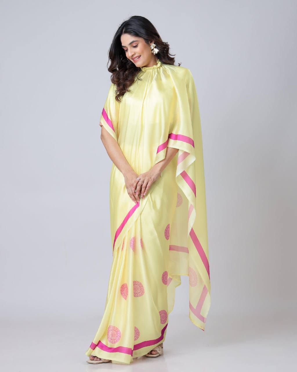 Teeya Creation Light Yellow Color Japan Satin Silk Digital Print Ready To Wear Saree - Distacart